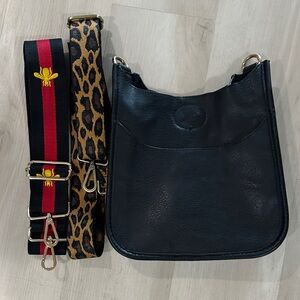Ah-dorned Mini Vegan Leather Messenger Bag in black, includes 2 straps